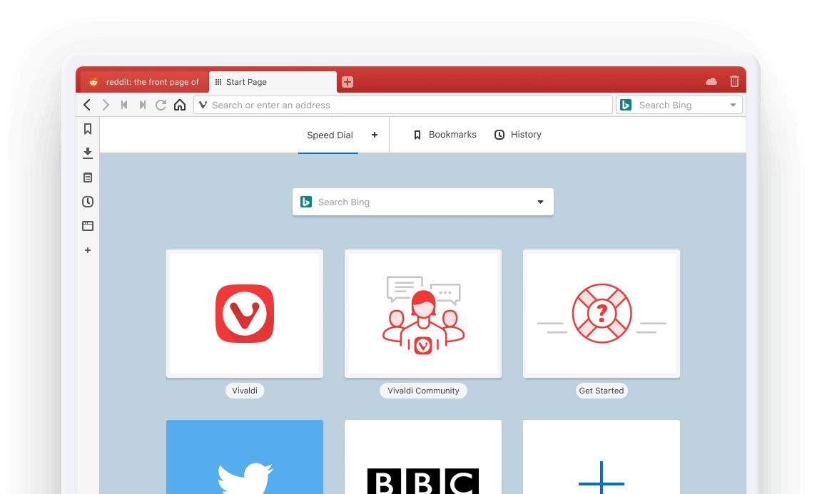 Tampilan homepage Vivaldi dengan desain yang clean dan bernuansa merah